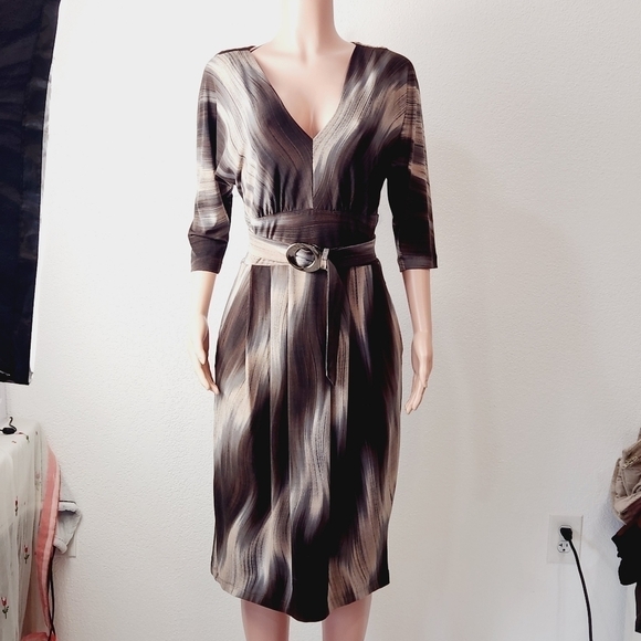 MONROE & Main Brown/Cream 3/4 Sleeve Fitted Dress Size:14 - Picture 1 of 15